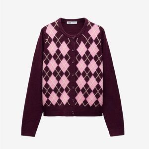 Zara Maroon and Light Pink Argyle Cardigan